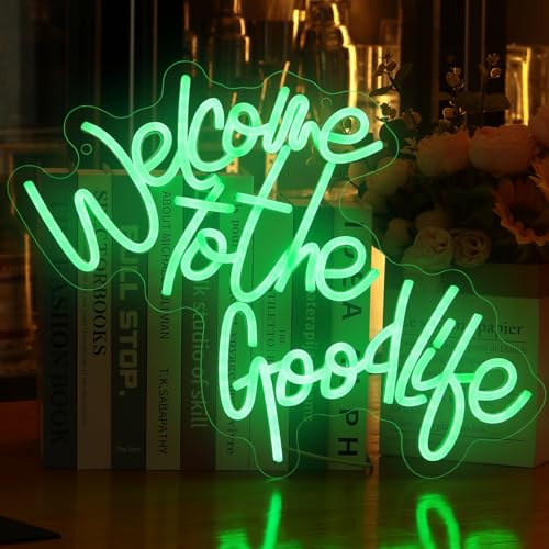Welcome To The Good Life Neon Signs for Wall Decor LED Neon Light Signs USB Letter Light Up Sign for Bedroom Kids Room Birthday Christmas Party Wedding Bar Decoration Gifts(13.4x17.2 inch) - style: English