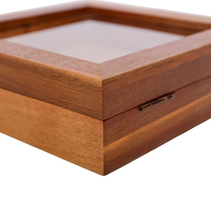 6x6 Small Shadow Box Frame, Acacia Wood Keepsake Display Case, Brown | Solid acacia wood, clear acrylic front, linen pin board, mini display case for photos, pins, coins, flowers and keepsakes - size: 6x6