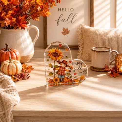 Smile Fall Thanksgiving Acrylic Tabletop Plaque, Happy Fall Y'all Scarecrow Sunflower Pumpkin Maple Leaf Themed Rustic Farmhouse Tiered Tray Sign for Home Kitchen Decor - style: Fall
