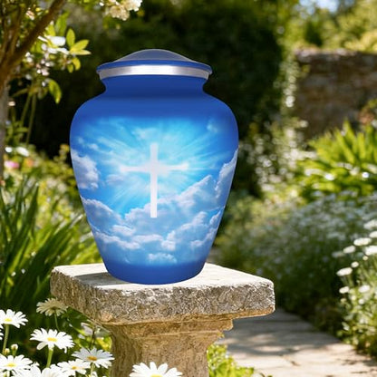 M MEILINXU Blue Sky Christian Cross Urns for Human Ashes Adult Man, Large - color: Blue