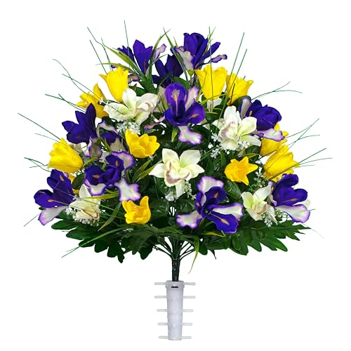 Artificial Cemetery Flowers - Grave Decoration - Yellow Tulips and Purple Iris (1) Bouquet - color: Yellow/Purple, size: (1) Bouquet