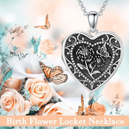 PELOVNY Birth Flower Locket Necklace for Women 925 Sterling Silver Flower Butterfly Heart Photo Locket Pendant Birthday Christmas Jewelry Gifts for Mom Daughter Wife Sister - color: 11-Chrysanthemum