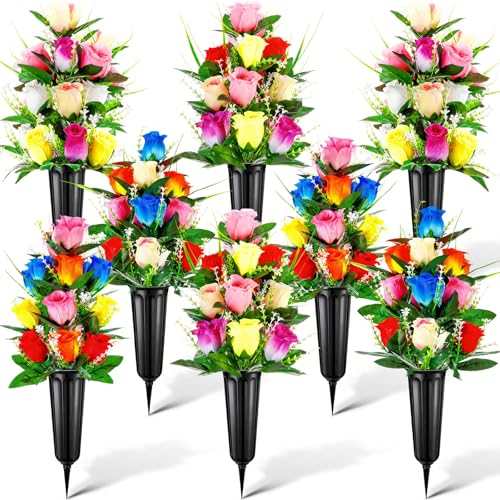 8 Set 16 Pcs Cemetery Vase Flowers, Colorful Roses, Black | Rose Flower Holder, Artificial Floral Bouquet, Funeral Gravesite Flowers, for Headstones, Lawn, Yard Decoration - color: Black