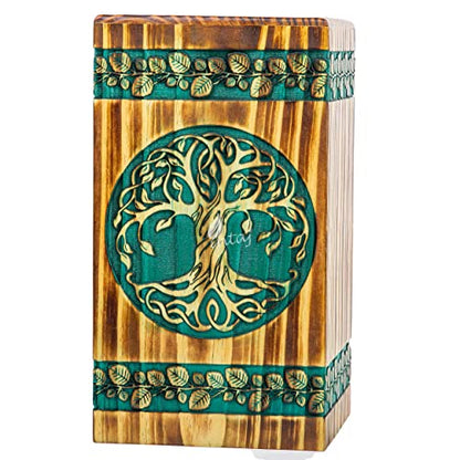 Wooden Urn for Human Ashes, 640 Cu in, XX-Large, Teal & Gold | Hand-carved wood, teal over gold, screw-locked sliding base, engraving available, holds two adults, to 640 lb combined - color: Teal & Gold, size: XL - 14Hx7.5W (640 Cu/In)