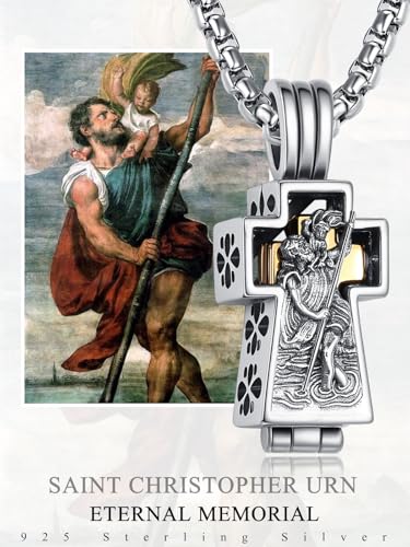 ADMETUS Patron Saint Cross Urn Necklace 925 Sterling Silver Cremation Jewelry for Ashes Memorial Gifts for Men with 2.5mm 22"+2" Rolo Chain - style: A21-Saint Christopher