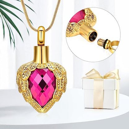 memorial jewelry Gold Angel Wings Glass Heart Urn Pet/Human Cremation Pendant Necklace Jewelry for Ashes - color: Pink