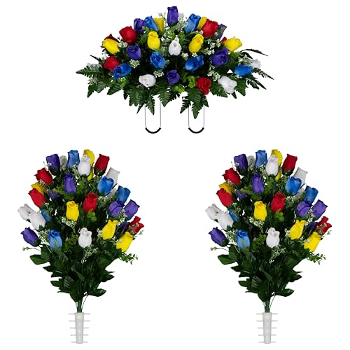 Sympathy Silks Artificial Cemetery Flowers - Gravesite Flowers - Multi Color Roses - (1) Headstone Flower Saddle & (2) Matching Bouquet - color: Multi Color Roses, size: (1) Saddle (2) Bouquet