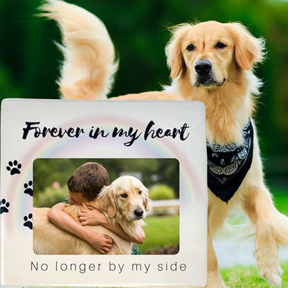 BANBERRY DESIGNS Dog Memorial Picture Frame for the Loss of Pet - Pet Sympathy Gift for Dog Loss - Rainbow Bridge Memorial Frame -No Longer By My Side Forever In My Heart - Photo Opening is 4" X 6"