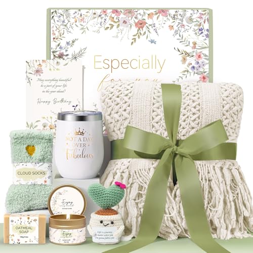 Birthday Gifts for Women, Happy Birthday Gifts for Mom Self Care Package Get Well Soon Gift Baskets, Thinking of You Spa Gift Basket with Knit Blanket Tumbler, Unique Gift Set for Mom, Wife, Friends - color: Beige