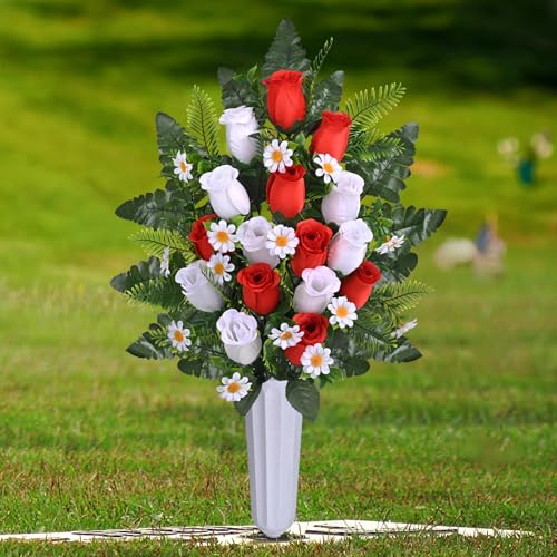 Dolicer 2 Sets Artificial Cemetery Flowers for Grave Realistic Grave Flower | Memorial Flowers UV Resistant Silk Rose Flower with Vase for Cemetery Decorations (Red, White) - color: Red, White, size: Flowers in Vase