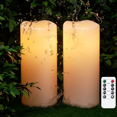 GenSwin Outdoor Flameless Candles Battery Operated Waterproof Remote | IP65, White, Flickering LED Candles, Large Pillar Candles Lantern Porch Patio Garden Decor, 4" x 8", 2/4/6/8 Timer, 2 Pack - size: D4" x H8"8"