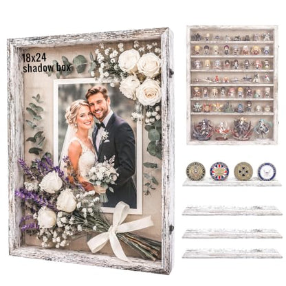 18x24 Wooden Shadow Box Frame with Removable Shelves Deep Display Case for Military Medals Keepsakes White - color: White, size: 18x24