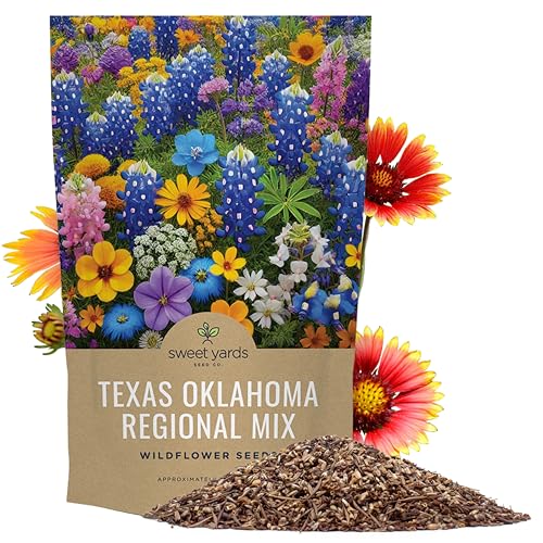 Texas Oklahoma Wildflower Seeds Mixture - Bulk 1/4 Pound Bag - Over 60,000 Native Seeds - Open Pollinated and Non GMO - size: 4 Ounce (Pack of 1), style: Texas / Oklahoma Regional Mix