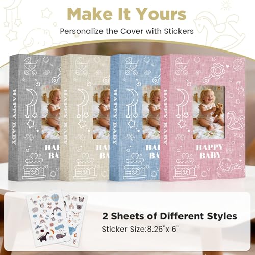 Baby Photo Album 4x6 300 Pockets with Memo Area, Photo Stickers & Hand and Footprint Kit, Linen Cover Baby Memory Book with Front Window, First Year Keepsake for Newborn Boy Girl - color: Beige