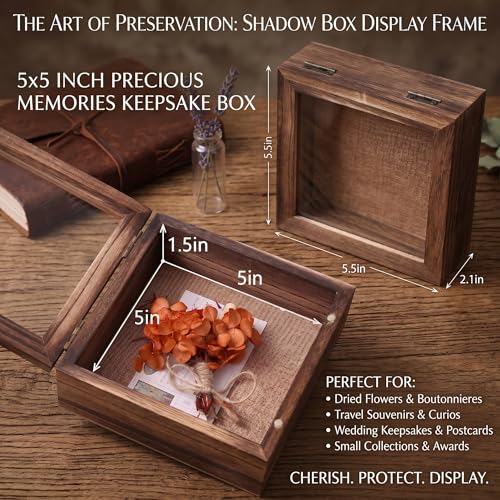 Shadow Box Frame 5x5 , Small Shadow Box Frame Display Case with Linen Backing and Push Pins for Memorabilia, Flowers, Medals – Wall Mounted or Tabletop – Rustic Carbonized Brown - color: 01