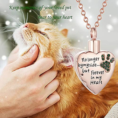 Fashion Pet Cremation Jewelry Stainess Steel Heart Keepsake Ashes Necklace Dog Cat Paw Memorial Urn Pendant - color: Rose Gold-Green