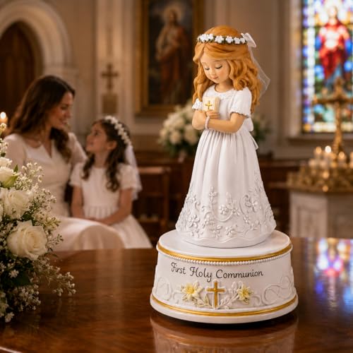 AIDLNS First Holy Communion Gifts for Girls, Plays The Lord's Prayer, Catholic Music Box Keepsake, Hand-Painted Resin White Dress Girl Figurine, Religious Collectible Decor
