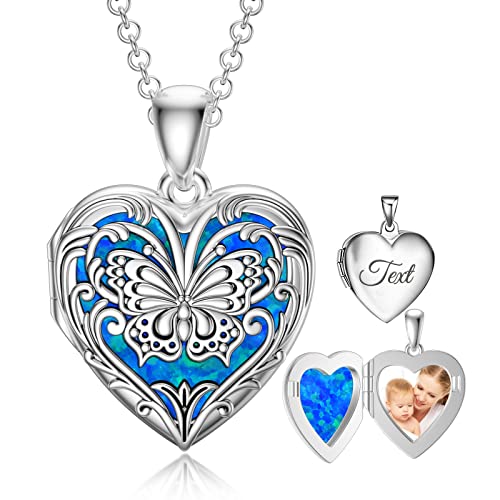SOULMEET Personalized Silver Locket Necklace That Holds Pictures Photo Keep Someone Near to You, Memorial Custom Lockets Necklaces Letters Engraving for His Her - color: F3-Opal butterfly-Black, style: Locket+Custom Photo+Engraved