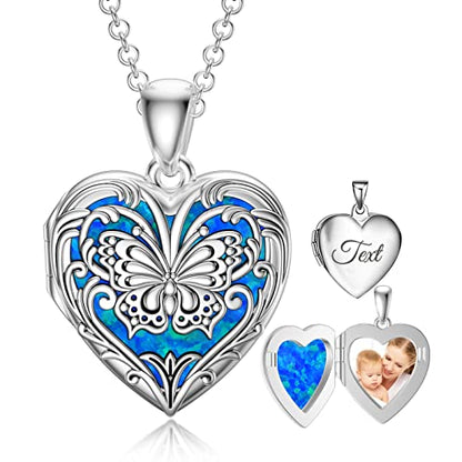 SOULMEET Personalized Silver Locket Necklace That Holds Pictures Photo Keep Someone Near to You, Memorial Custom Lockets Necklaces Letters Engraving for His Her - color: F3-Opal butterfly-Black, style: Locket+Custom Photo+Engraved