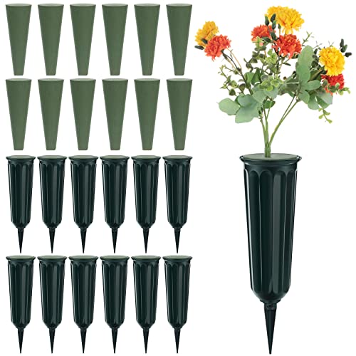 Jetec 12 Sets Cemetery Vases with Spikes Grave Flower Holder Cone | Cemetery Decorations Plastic Memorial Floral Vases with Foam Inserts Stakes Headstone Graveside Memorial Day Decoration