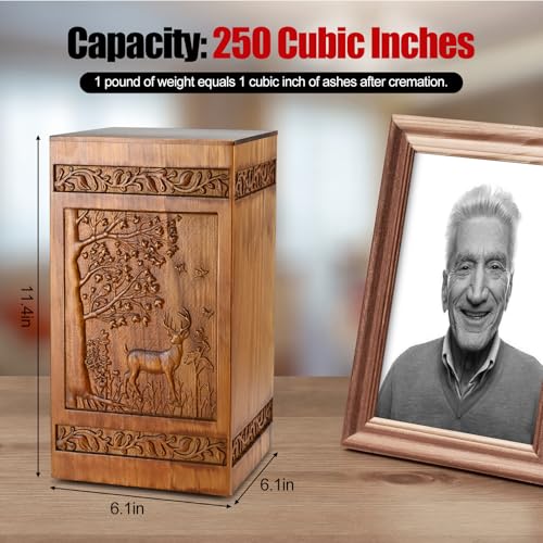 Wooden Cremation Urns for Human Ashes Adult Male Female - Handcarved Deer Wood Urn Boxe with Velvet Bag, 250 lbs Large Capacity Decorative Burial Funeral Memorial Urn