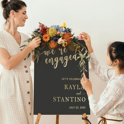 Personalized We're Engaged Welcome Sign | Gold Script on Black Background | Custom Couple Names & Date Engagement Sign | Elegant Engagement Party Decor | Waterproof PVC - color: Design 11