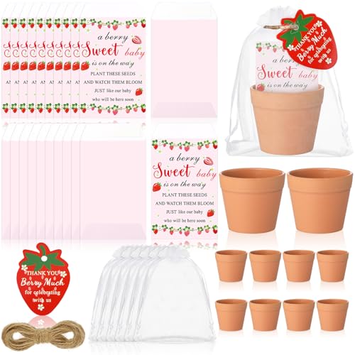Ctosree 50 Sets Strawberry Baby Shower Favors for Guests a Berry Sweet Baby Is on the Way Seed Packets Include Self-adhesive Seed Packets Flowerpot Thank You Tags Organza Bags for Gender Reveal Party - color: Strawberry