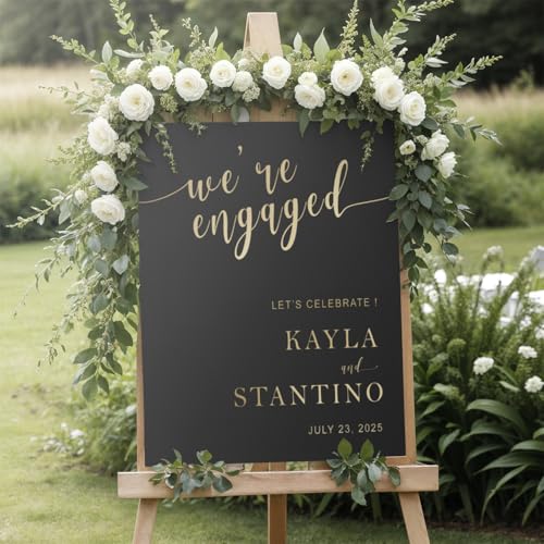 Personalized We're Engaged Welcome Sign | Gold Script on Black Background | Custom Couple Names & Date Engagement Sign | Elegant Engagement Party Decor | Waterproof PVC - color: Design 11