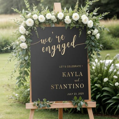 Personalized We're Engaged Welcome Sign | Gold Script on Black Background | Custom Couple Names & Date Engagement Sign | Elegant Engagement Party Decor | Waterproof PVC - color: Design 11