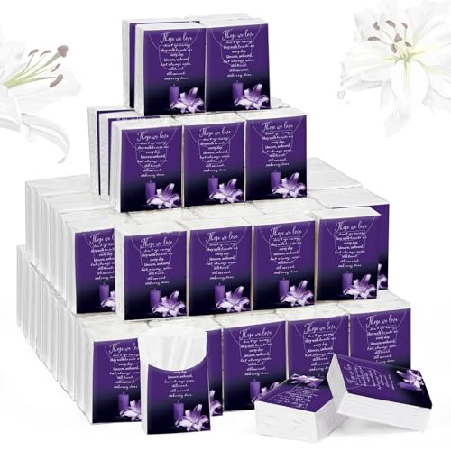 100 Packs Funeral Facial Tissues Memorial Keepsake Pocket Tissue Those We Love Don't Go Away Inspirational Poem Tissue 3 Ply Napkin Packs Funeral Favor for Guests Family Relative, 700 Sheets(Purple) - color: Purple