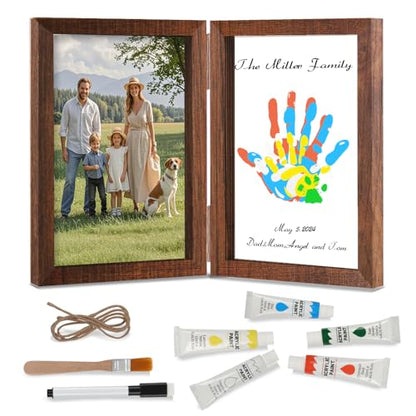 Family Handprint Kit, DIY Baby Hand and Footprint Handmade Keepsake Wooden Frame, Family Gifts with 5 Non-Toxic Baby-Safe Paint, Ideas Gift for New Parents Couple Friends - color: Brown, size: 4 Pages Acrylic Boards