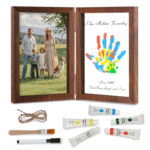 Family Handprint Kit, DIY Baby Hand and Footprint Handmade Keepsake Wooden Frame, Family Gifts with 5 Non-Toxic Baby-Safe Paint, Ideas Gift for New Parents Couple Friends - color: Brown, size: 4 Pages Acrylic Boards