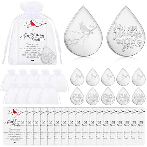 Ctosree 100 Set Funeral Gifts Celebration of Life Decorations Idea Mini Tear Shaped Memorial Ornament Pocket Token Cardinal Funeral Prayer Cards and Organza Bags Favors for Guests