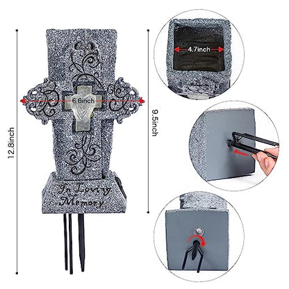 HUYIENO Solar Cemetery Vase with LED for Fresh/Artificial Flowers Grave Flower Cross Vase Headstones Vases with Spikes Gravestone Decor Memorial Gifts for Loss of Loved One - style: Large Cross