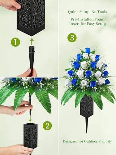 Mirevielyn 2-Pack 24 Stems Artificial Rose Cemetery Flowers with Vases - color: Blue & White (Full Bouquet)