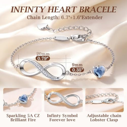 CDE 925 Sterling Silver Infinity Birthstone Bracelet Jewelry Gift for Women | Hypoallergenic,Non Tarnish,Heart CZ,Nickel-Free & Lead-Free,Anniversary Christmas Birthday Idea Gifts for Wife Girlfriend Her - color: Crystal-Blue