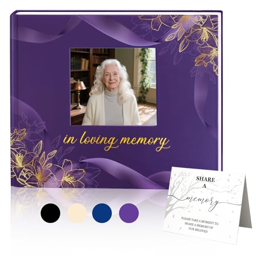 Funeral Guest Book, in Loving Memory Sign in Book with Photo Slot | 330 Entries, Table Sign Card Included, Gold Stamping, Hardcover, Celebration of Life Keepsake, 9x7.5", Purple - color: Purple Photo