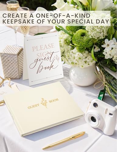Wedding Guest Book, Polaroid Photo Guestbook for Baby Shower, 9x7.5" | Table Sign Included, Gold Stamping, Twill-Textured Hardcover, Perfect For Bridal Party & Baby Shower, White - color: Flower-beige
