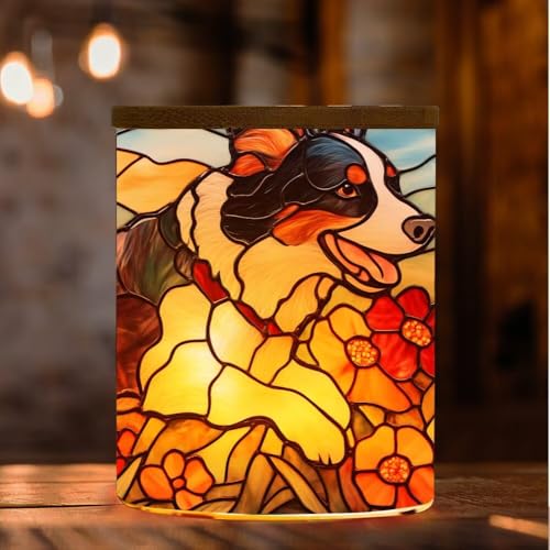 Dog Stained Glass Candle Jar with Tea Light, Colorful Flower Memorial Tealight Candle Holders with Battery Operated, Glass Candlesticks Trinket Jar, Makeup Brush Holder for Pet Dog Lover - color: Dog