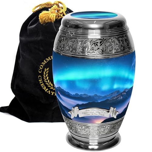 Aurora Borealis Cremation Urns for Human Ashes Adult Male Urns for Ashes | Extra Large Northern Lights Cremation Urn for Ashes Adult Male & Female, Metal, Threaded Lid, Felt Bottom - color: Aurora Borealis - Engraved Ribbon, size: Extra Large
