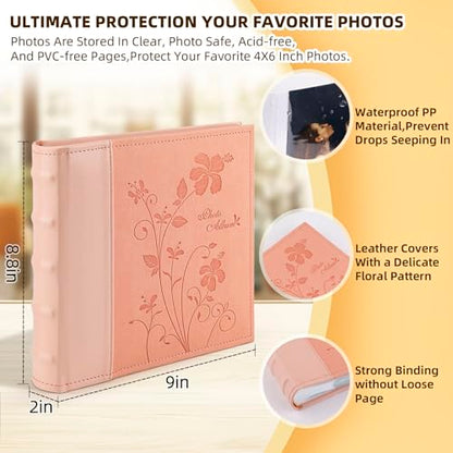 Photo Album Hold 200 4x6 Photos with Memo Writing Space (Pink) | Faux Leather Picture Book Fits 4x6 Photo, 200 Pockets Great for Wedding Family Holidays - color: Pink