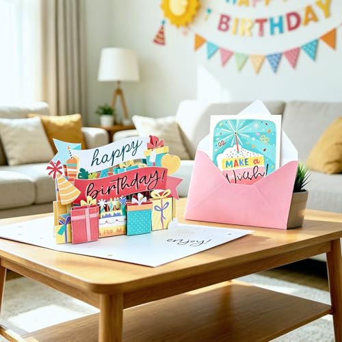 3D Pop Up Birthday Card, Colorful Happy Birthday Greeting Card with Gift Box & Party Banner Design, Unique 3D Birthday Card for Women, Men, Kids, Friends & Family - Ideal for Birthday Celebrations & Party Favors