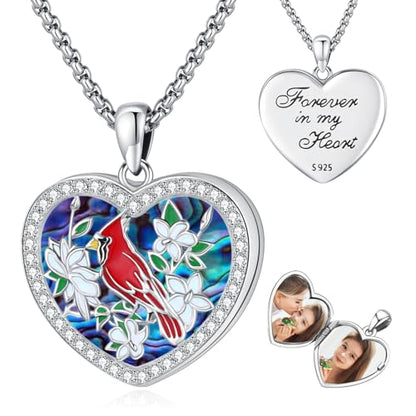 Picture Locket Necklace for Women Men Rose 14K Real Gold 925 Sterling Silver Jewelry Heart Locket Necklace that Holds Pictures Tree of Life Viking Wolf Celtic Knot St Christopher St Michael Pendant - color: H-Heart Locket-cardinal-6