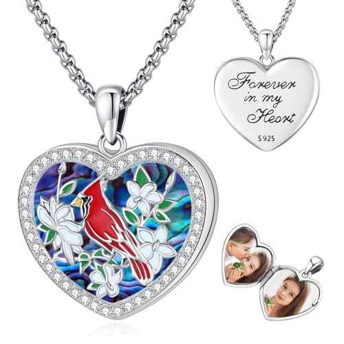 Picture Locket Necklace for Women Men Rose 14K Real Gold 925 Sterling Silver Jewelry Heart Locket Necklace that Holds Pictures Tree of Life Viking Wolf Celtic Knot St Christopher St Michael Pendant - color: H-Heart Locket-cardinal-6