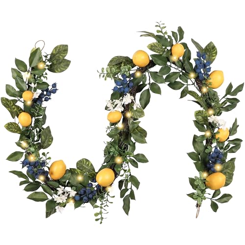 Valery Madelyn 6ft Artificial Lemon Garland for Mantel Summer Decor(Thick) | Faux Lemons Eucalyptus & Blueberry Summer Garland with Lights for Stairs Table Fireplace Farmhouse Kitchen Home Decor - size: Large