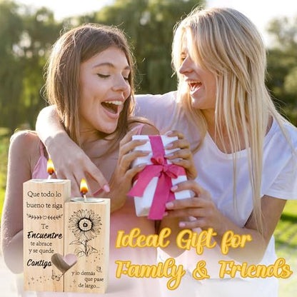 Zainpe Spanish Inspirational Candle Holders for Mum Women Grandma Daughter Friend Sister Bestie, Wooden Heart Double Sided Printing Candlestick Birthday Friendship Gifts - color: Inspirational