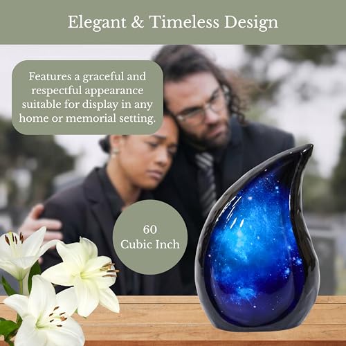 NORSE'S TRADECRAFT Teardrop Urn for Ashes Adult Male & Female, Metal Cremation Urn with Blue Galaxy Design, Memorial Gifts with Velvet Bag, Handcrafted Memorial Box for Funeral - 60 cu in