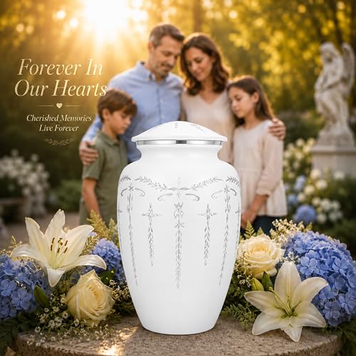 CLEENTABLE Cremation Urn for Human Ashes Adult, 200+ cu in, White Metal | Metal alloy, 11in H x 6.5in W, screw-top lid, 200+ cubic inches, handcrafted, women & men - color: White Silver, size: Classic Silver Vine - 6.5x11"