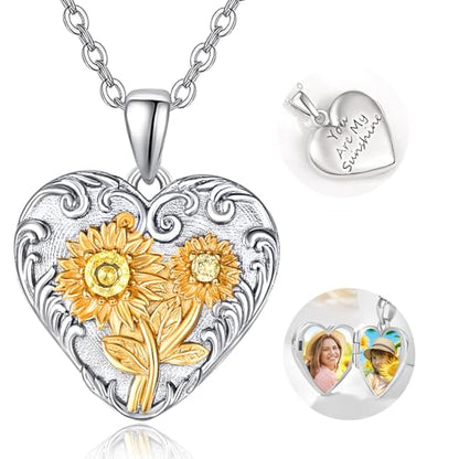 TANGPOET Heart Locket Necklace for Women 925 Sterling Silver Photo Locket Holds Two Pictures Inside Memorial Keepsake Jewelry Gifts for Mothers Day Birthday Christmas - style: B01-Sunflower