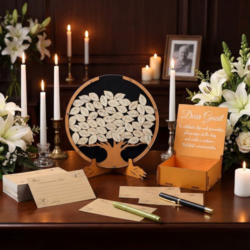 Engrowtic 164 Pcs Celebration of Life Guest Book for Memorial Service Share a Memory Cards Wooden Box Funeral Memory Pen Leaves for Funeral Guest Book Table Decor Sign(Tree of Life) - style: Tree of Life